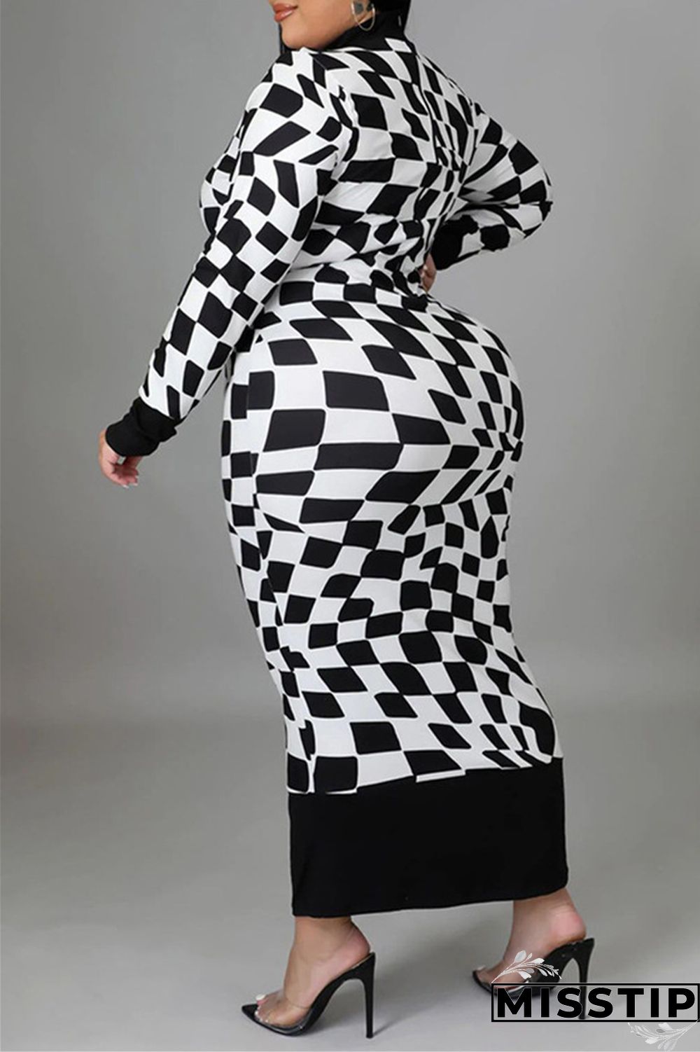 Yellow Casual Plaid Print Patchwork Half A Turtleneck Long Sleeve Plus Size Dresses