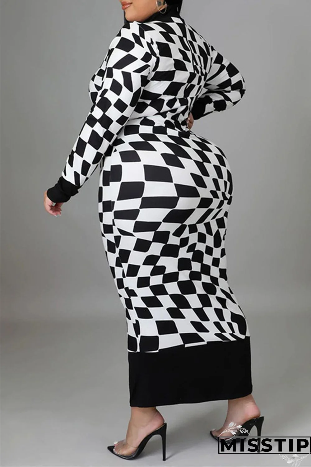 Yellow Casual Plaid Print Patchwork Half A Turtleneck Long Sleeve Plus Size Dresses