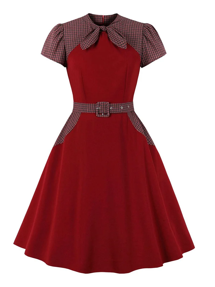 Wine Red 1950s Patchwork Belt Swing Dress