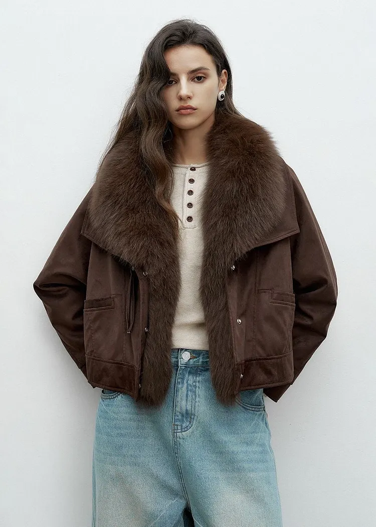 Averly Faux-Fur Collar Cropped Suede Jacket
