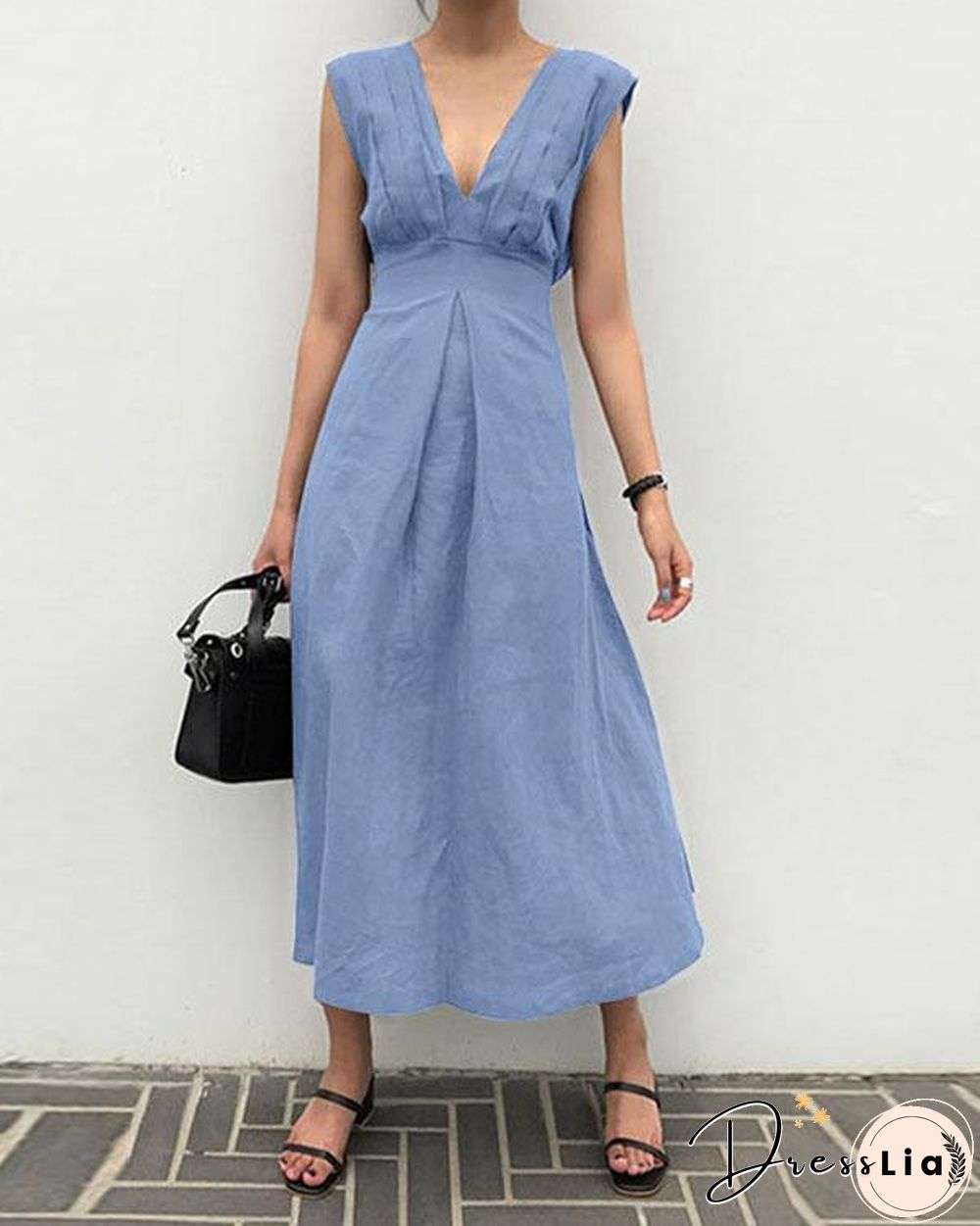 Solid Sleeveless Deep V Neck Fit&Flare Linen Maxi Dresses