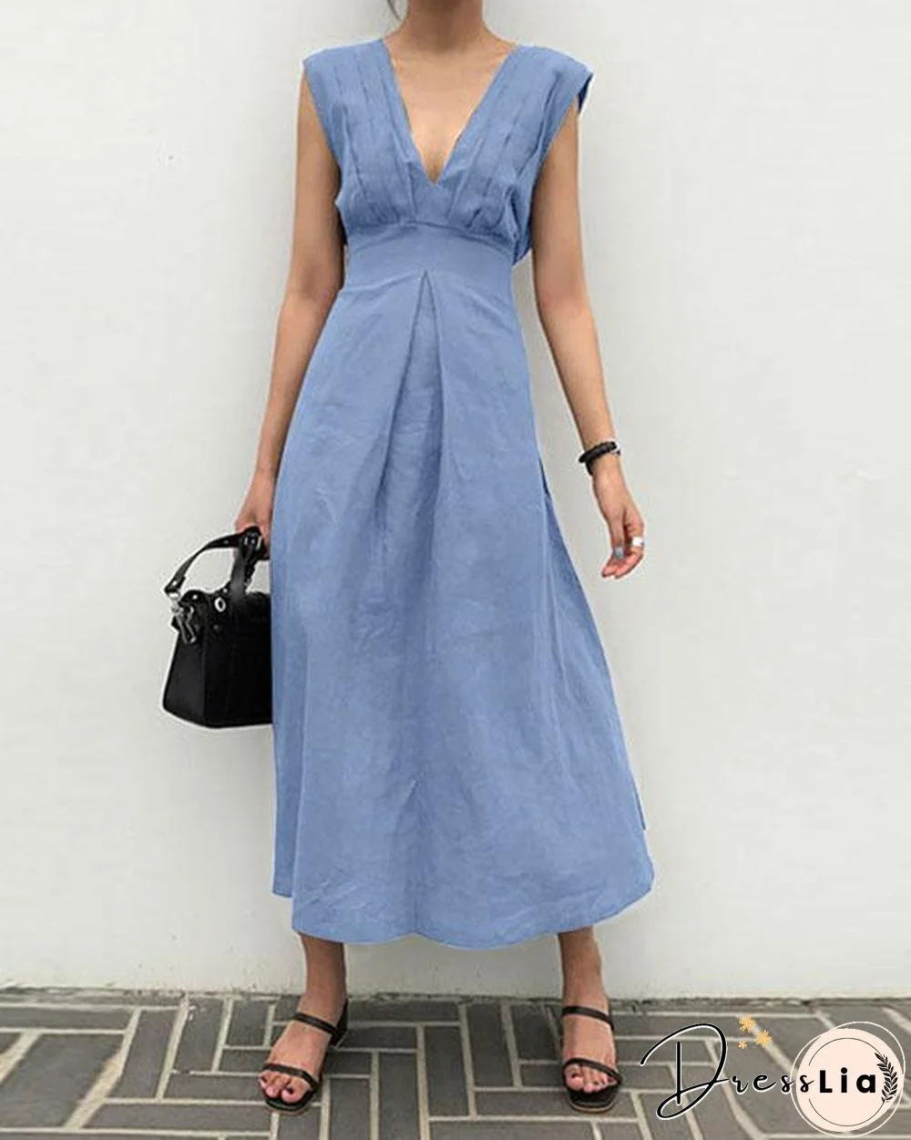 Solid Sleeveless Deep V Neck Fit&Flare Linen Maxi Dresses