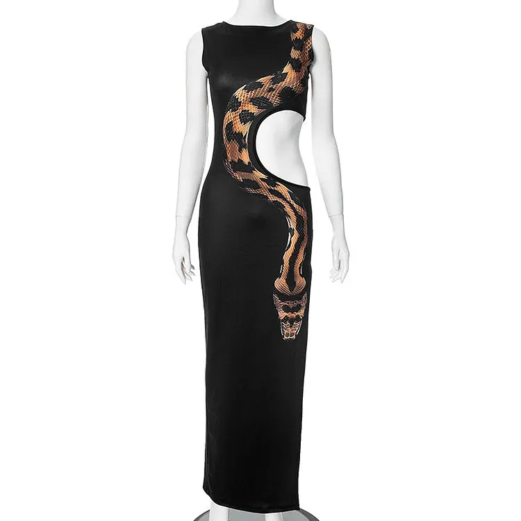 Sexy Animal Print Cutout Sleeveless Maxi Bodycon Dress