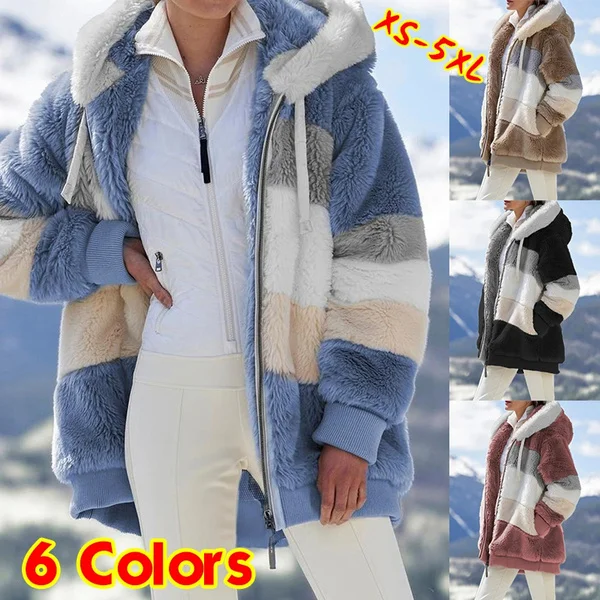 Women's Jacket Hooded Warm Plush Loose Jacket Patchwork Winter Outerwear Faux Fur Zipper Ladies Parka Coat Casual Long Sleeve Warm Coats Plus Size XS-5XL