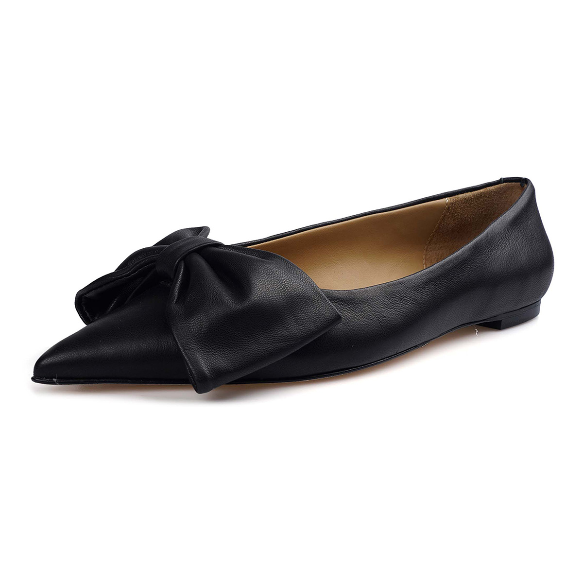 Black Vegan Leather Pointed Toe Flat Shoes Women with Bow Accent  Nicepairs