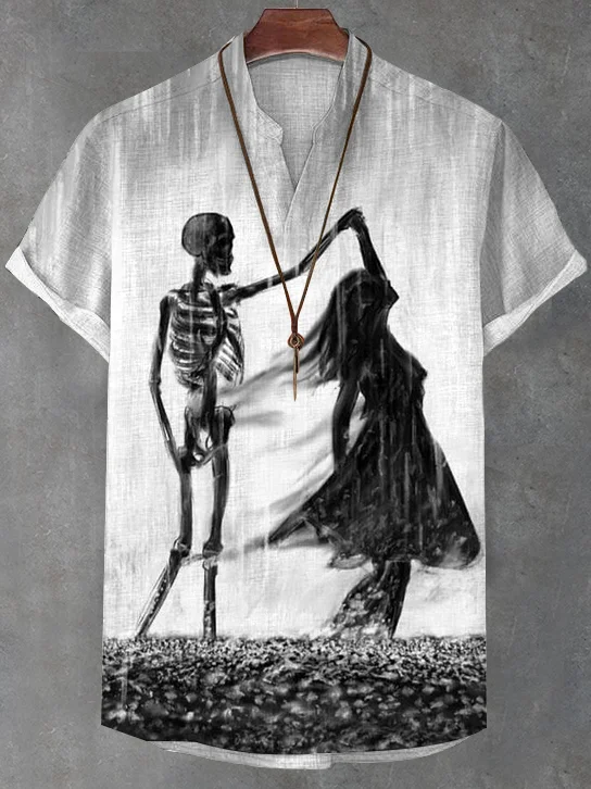 Men's Dancing with Skeleton Dark Gothic Art Print V Neck T-Shirt