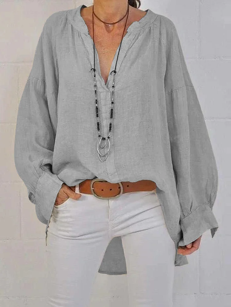 Casual V Neck Solid Color Long Sleeve Loose Blouse