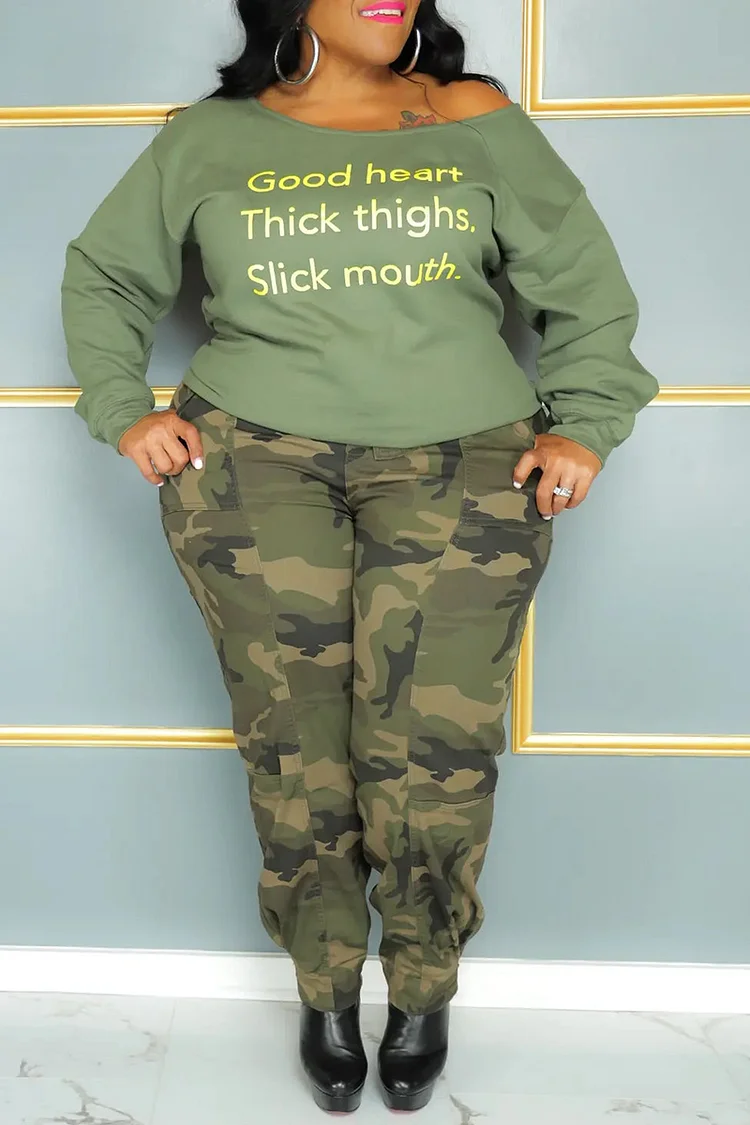 Plus Size Casual Pants Set Green Off Shoulder Letter Print Sweatshirt Camo Cargo Two Pieces Pants Set [Pre-Order]
