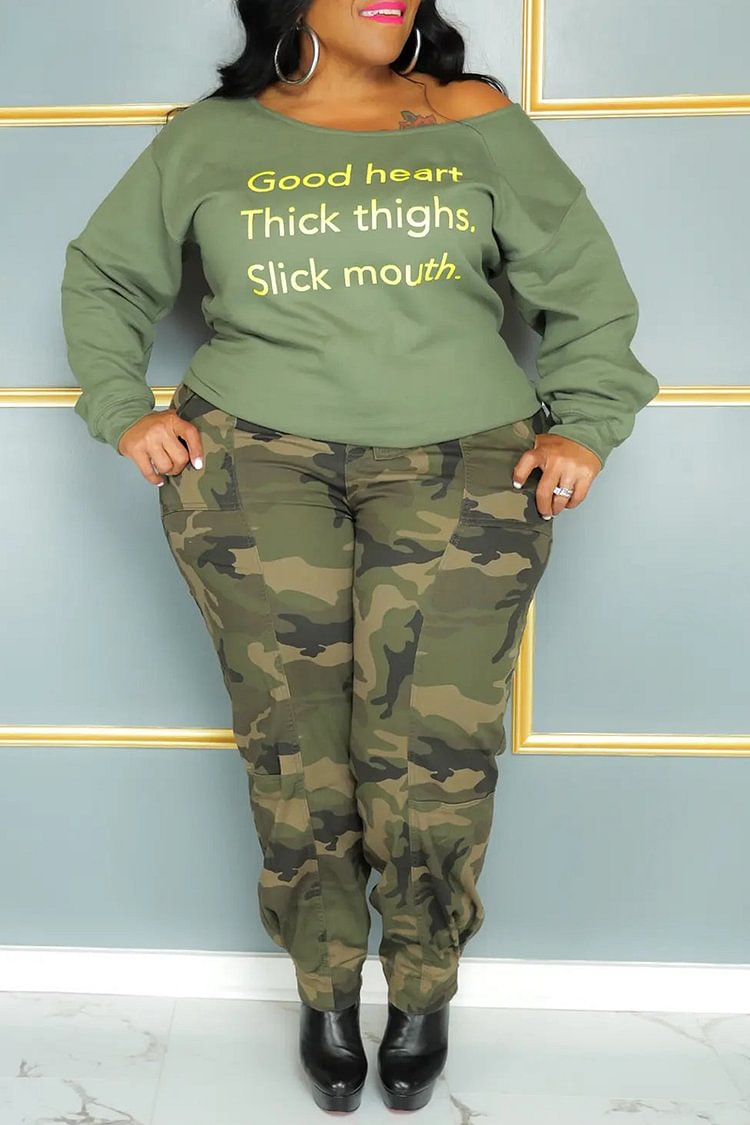 Xpluswear Plus Size Casual Green Off Shoulder Sweatshirt Camo Tied Jogger Two Pieces Pants Set 