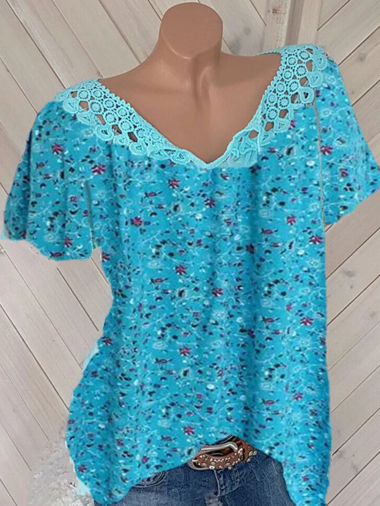 Women Short Sleeve V-neck Printed Graphic Top
