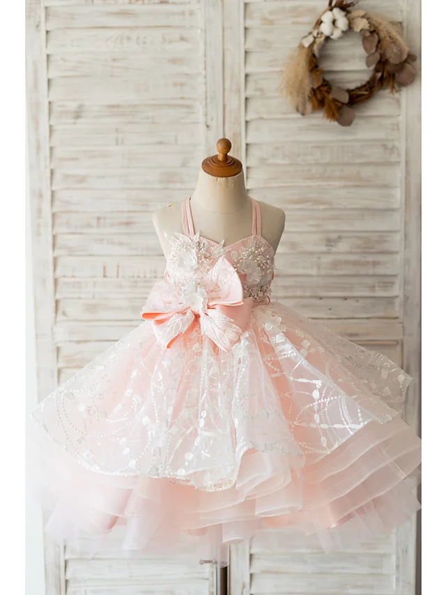 Bellasprom Sleeveless Spaghetti Strap Ball Gown Knee Length Flower Girl Dress Tulle  With Bow Pearls Flower