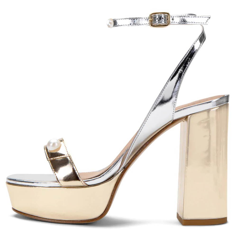 Silver & Gold Metallic Chunky Heel Ankle Strap Sandals with Platform Nicepairs