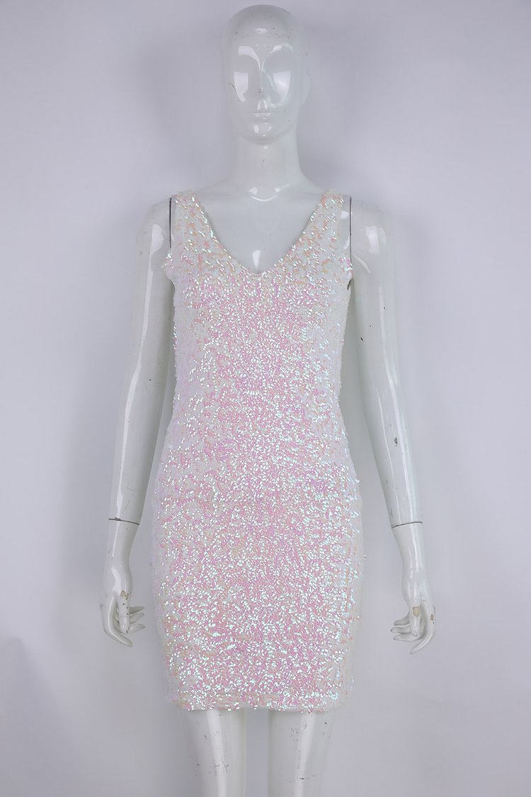 Sleeveless V-Neck Mini Sequin Dress Size S