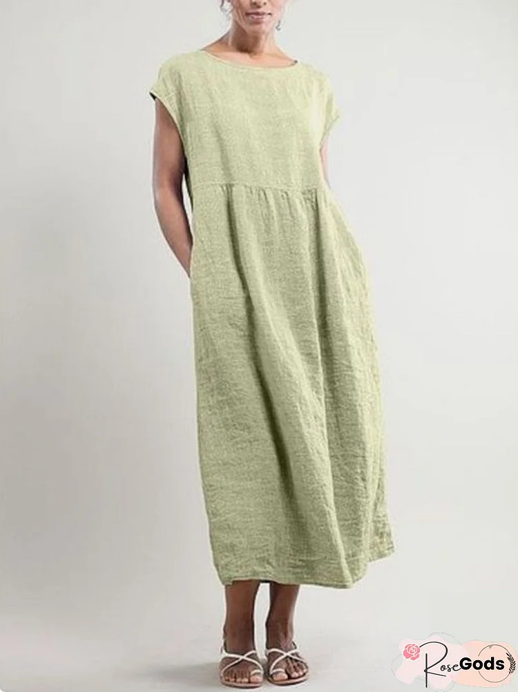Women Cotton Casual Crew Neck Casual Solid Plus Size Linen Weaving Dress