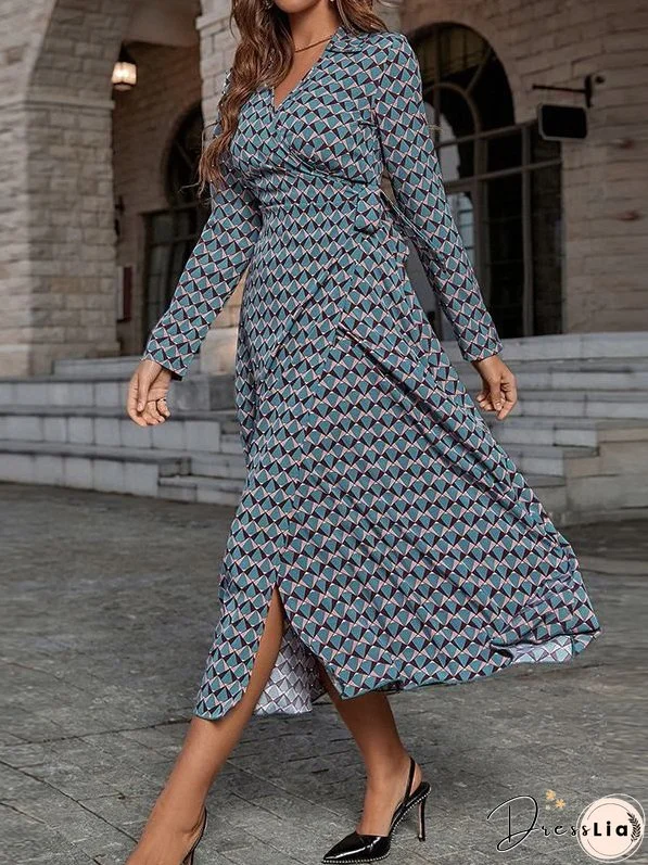 Women's Dresses Printed V-Neck Tie Long Sleeve Dress