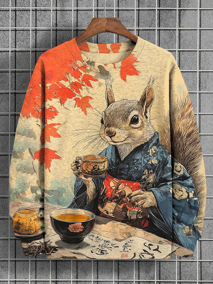 Men's Squirrels Drinking Japanese Tea Ceremony Art Print Casual Sweatshirt