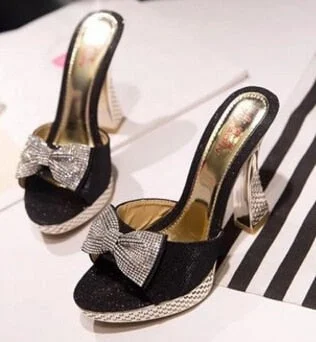 Women Platform High Heels Slippers Bowknot Design Glitter Bling Wedges Sandals Sexy Peep Toe Women Nightclub Party Wedding Shoes
