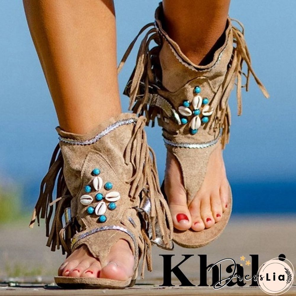 Women's Fashion Tassel Roman Boho Sandals Flock Retro Ankle Sandal Shoes Summer Flats Flip Flops Bohemian Beach Boot Shoes Plus Size