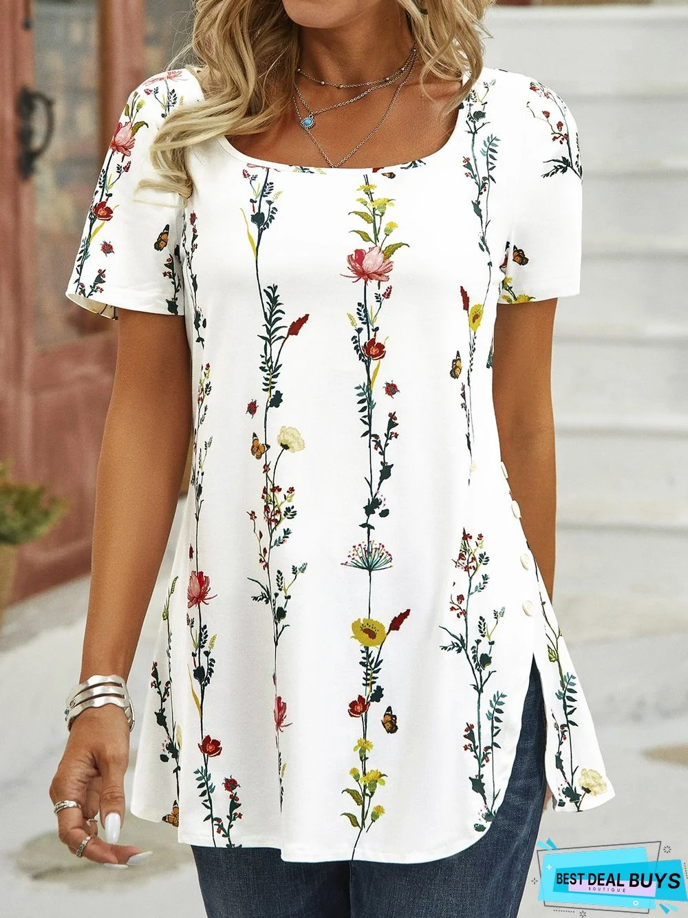 Square Neck Jersey Casual T-Shirt