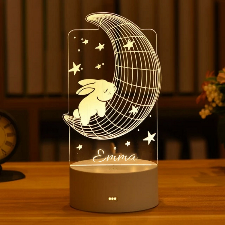 Lámpara 3D Ilusión Luz de noche Luna y pequeño conejito blanco LED Luces monocromáticas personalizadas 1 nombre