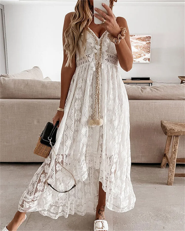 Women's V-neck Suspenders Irregular Hem Lace Dress