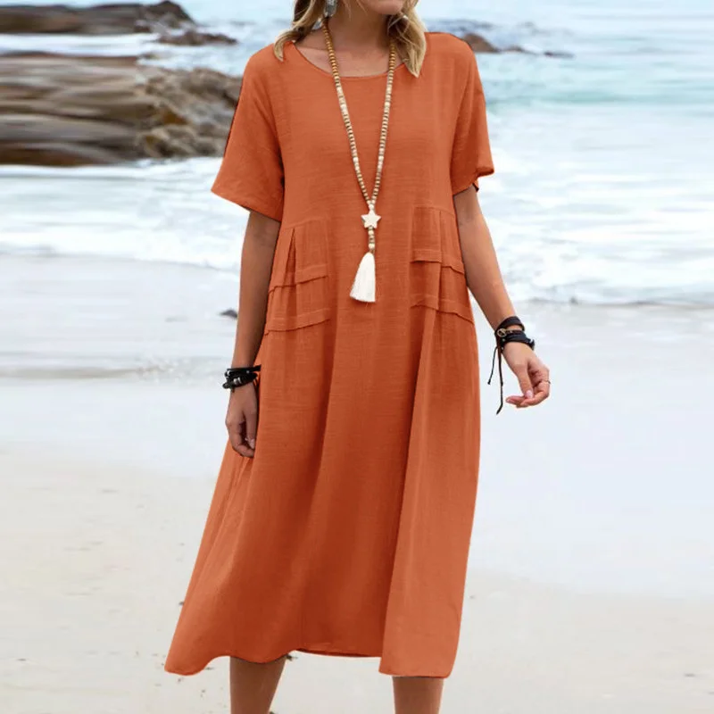 Casual Cotton and Linen Solid Color Round Neck Short-sleeved Mid-length Dress