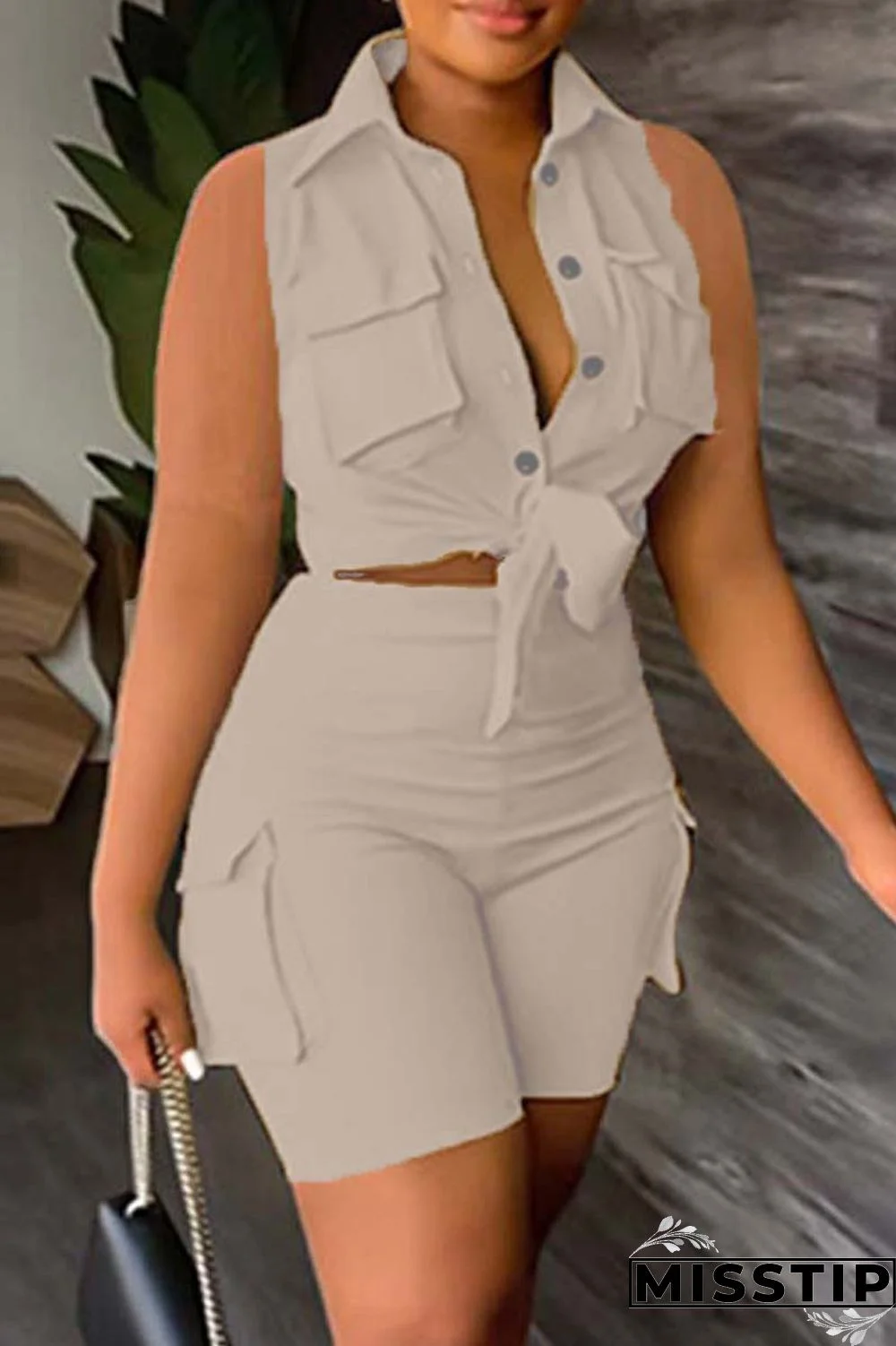 Khaki Casual Solid Patchwork Turndown Collar Sleeveless Two Pieces