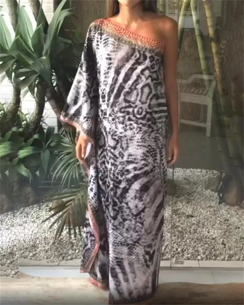 Kaftan Print One Shoulder Sleeve Maxi Dress