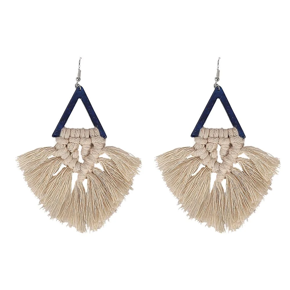 Dvacaman Ethnic Handmade Weave Macrame Earrings Cotton Thread Feather Fringe Tassel Earrings Wedding Jewelry Women Accessories