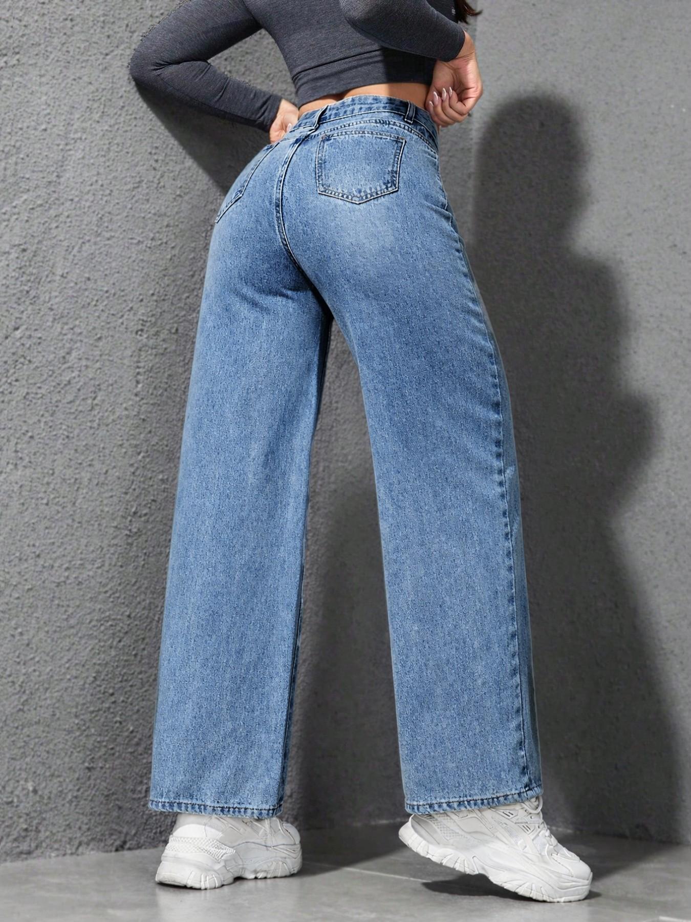 Spring Summer High Waist Elastic Women's Jeans, Washed Blue Casual Wide Leg Pants, Fitted H-Type Denim for Daily Commute and Vacation