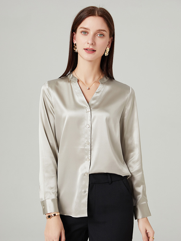 Gray Silk Blouse Fashion Casual Women's Solid Style