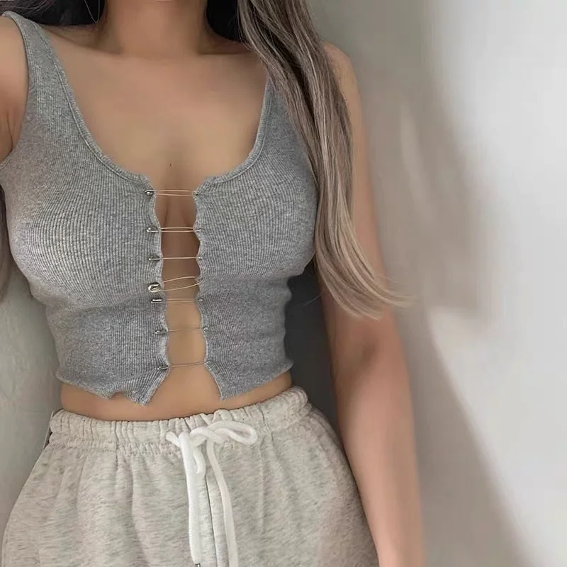 Summer big u-neck threaded camisole women's hollow pin design cropped top high street fashion strapless sleeveless vest
