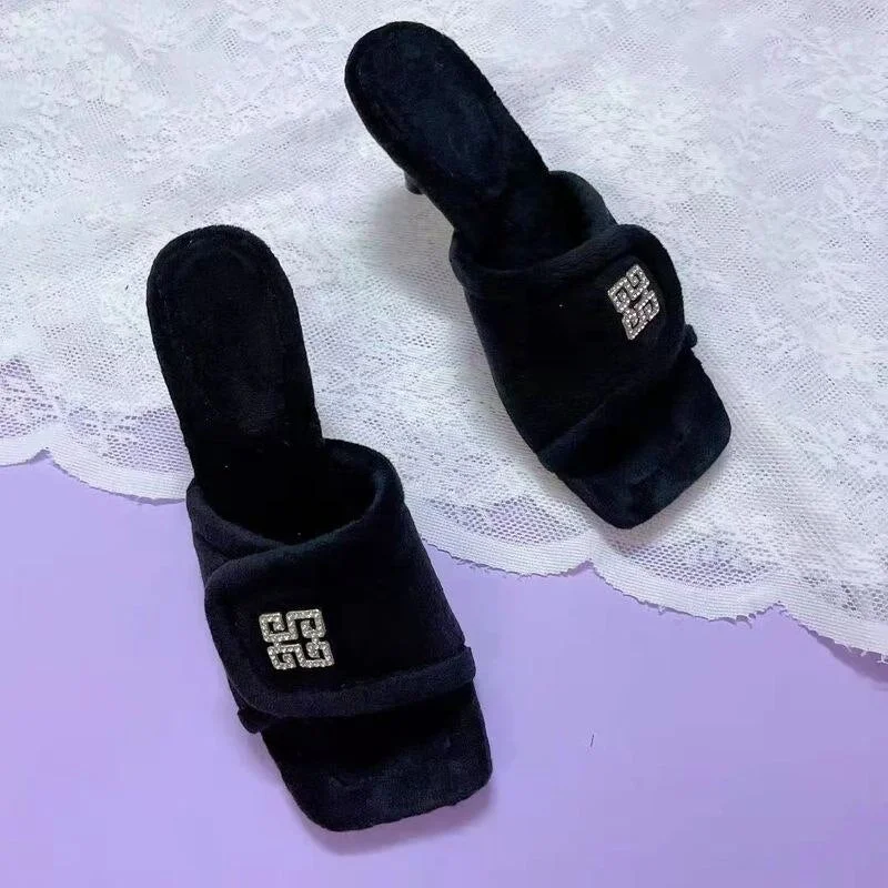 Women's Slippers 2021 Winter Square Toe Velvet Slippers Thin Heels Chic Bling Rhinestone Slides Ladies Fashion Flip Flop Shoes