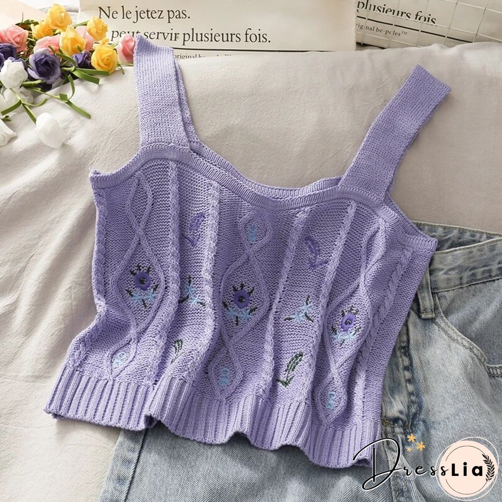 Women Knitted Crop Camis Top Ladies Floral Embroidery Knitted Short Vest Summer Sweater Vintage Tank Crop Camis Top