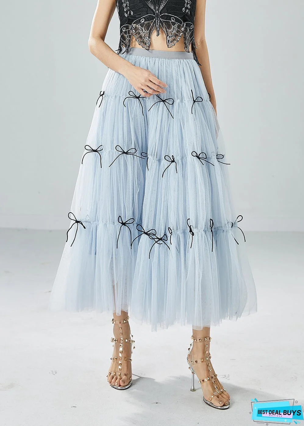 Women Sky Blue High Waist Patchwork Bow Tulle Skirt Summer
