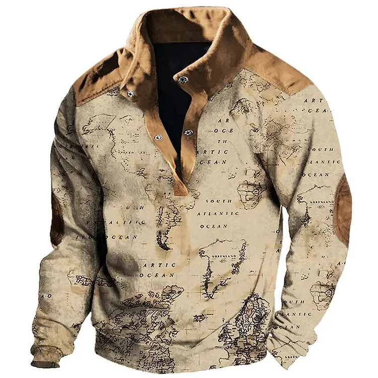 Casual Map Pattern Patchwork Stand Collar Sweatshirt