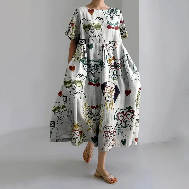 Women's Dogs In Glasses Print Short Sleeve Casual Midi Dress