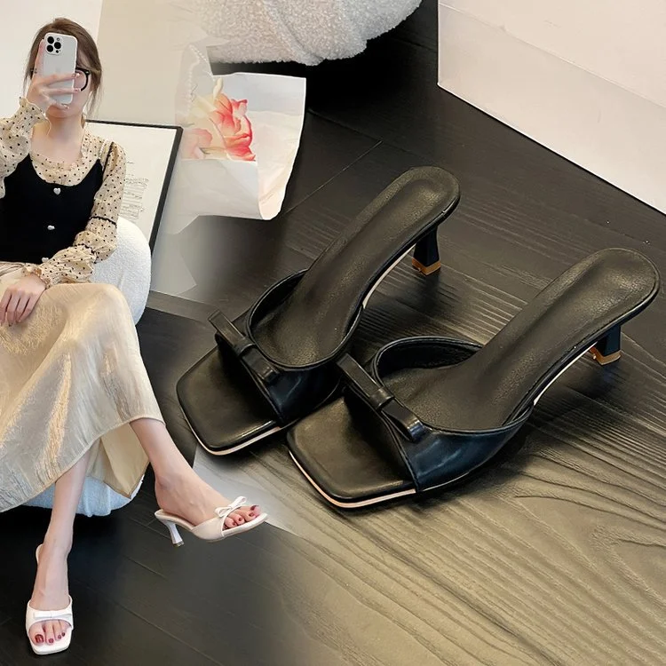 Wongn Wongn 2023 Summer New Korean Bow Version Wears High-Heeled Cool-Drag Slippers And Women's Shoes