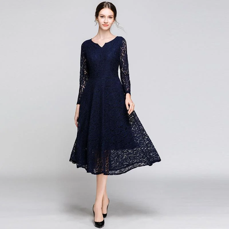 Temperament V-neck mid-length lace big dress