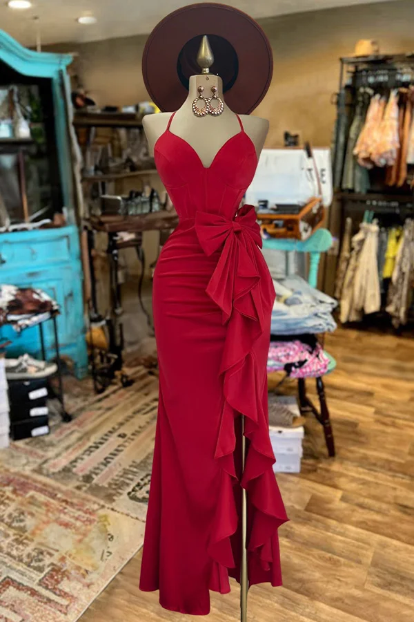 Bow Slit Ruffle Suspender Dress