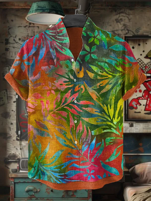 Men's Tie Dye Flowers Leaves Art Print Short Sleeve Shirt