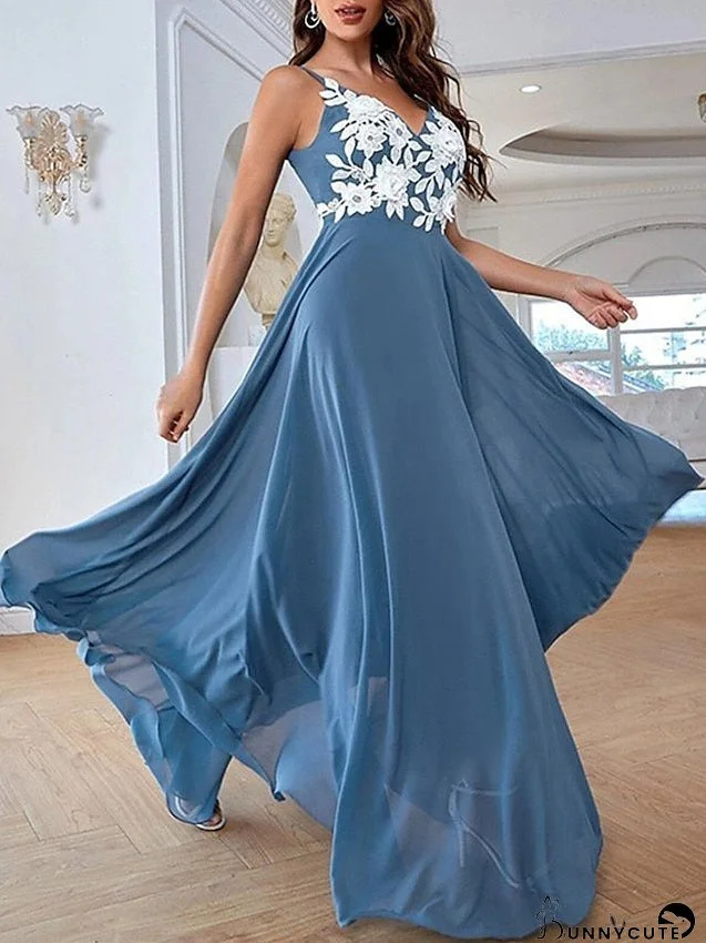Long Dress Maxi Dress Party Dress A Line Dress Slip Dress Floral Fashion Modern Party Date Lace Backless Sleeveless Strap Dress Regular Fit Blue Spring Summer S M L XL for Women