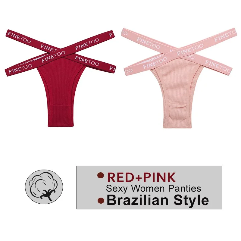 FINETOO 2PCS/Set Women's Cotton Letter Panties Hollow Out Brazilian Pantys Fashion Thong Femme Cross Strap Sexy Woman Underwear