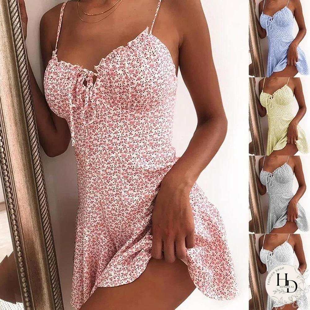 Women's Summer Fashion Spaghetti Strap Floral Print Tie Front Mini Dress Sexy Dress