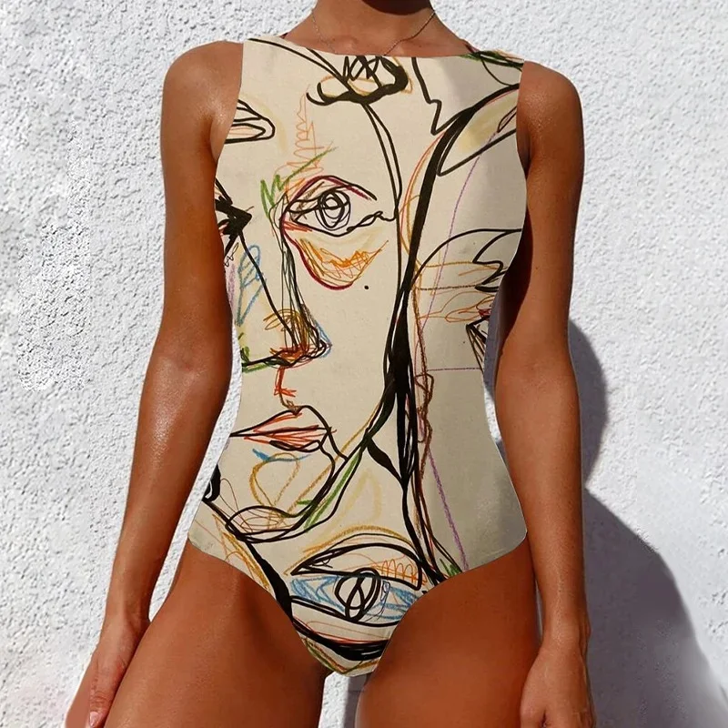 Multicolor Abstract Face Art Graphic One-piece Swimsuit