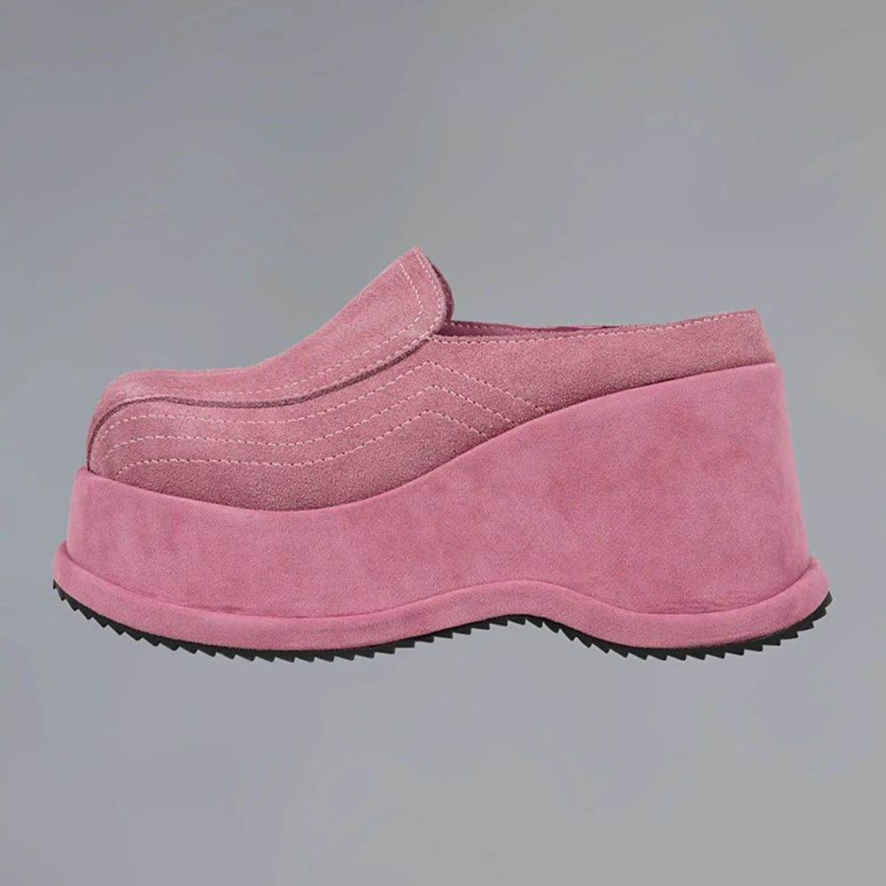 Vegan Suede Wedge Heel Platform Slip On Mules for Women in Pink