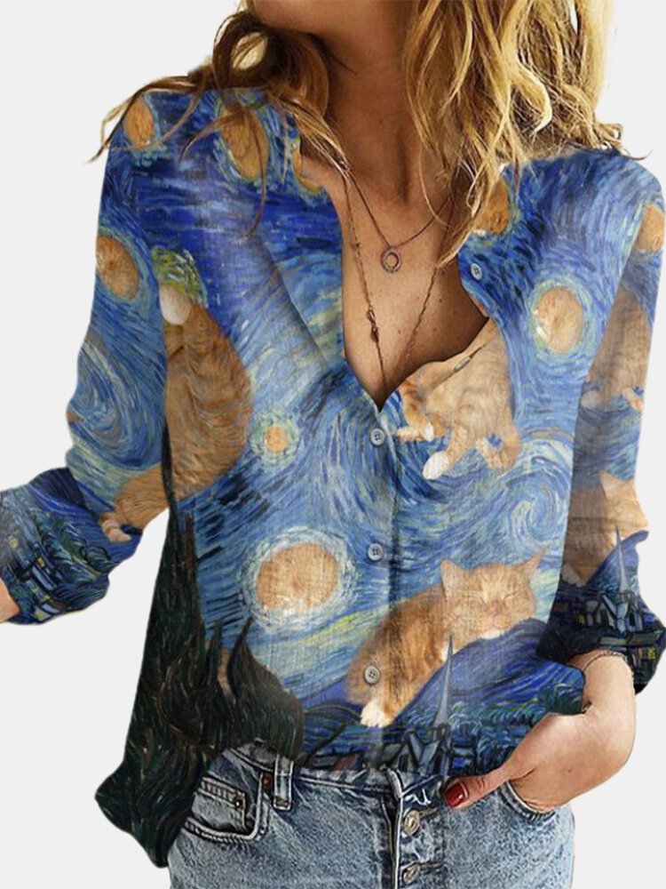Starry Sky Cat Print Long Sleeve Lapel Shirt For Women P1783814