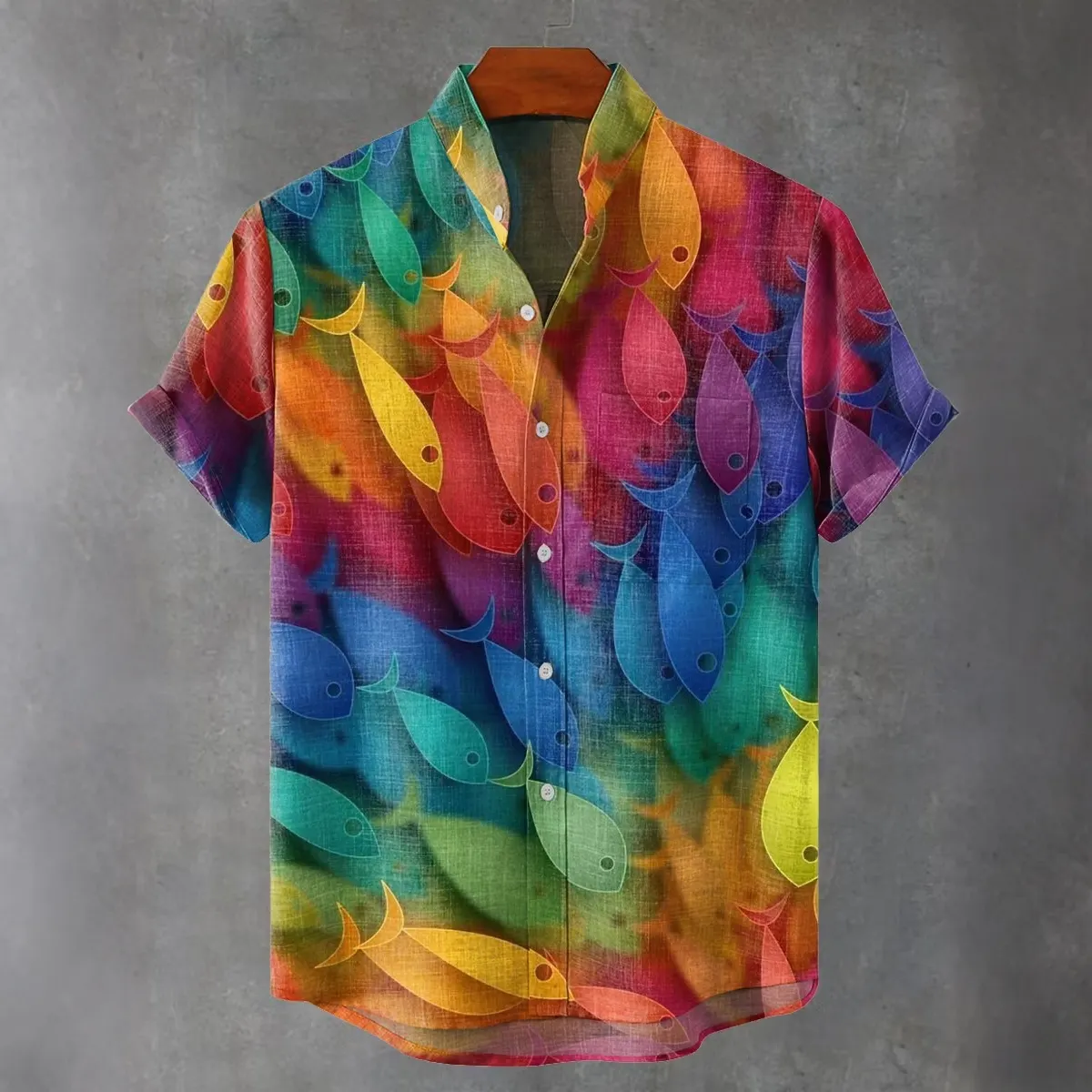 Men's Abstract Colorful School Of Fish Vintage Print Casual Shirt  artssus