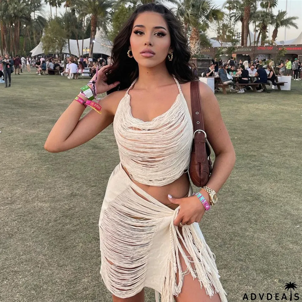 Summer Women Knitting Hollow Tassel Halter Neck Solid Slim Top