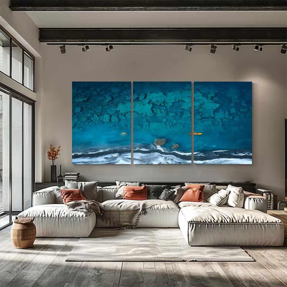 3-Piece Set Deep Blue Reef Aerial Ocean Canvas Art